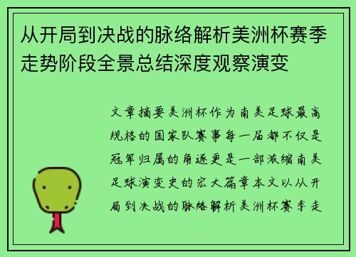从开局到决战的脉络解析美洲杯赛季走势阶段全景总结深度观察演变